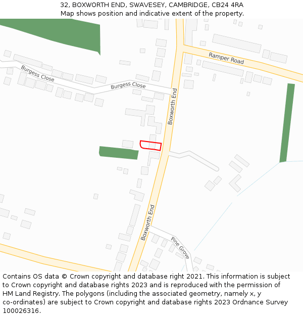 32, BOXWORTH END, SWAVESEY, CAMBRIDGE, CB24 4RA: Location map and indicative extent of plot