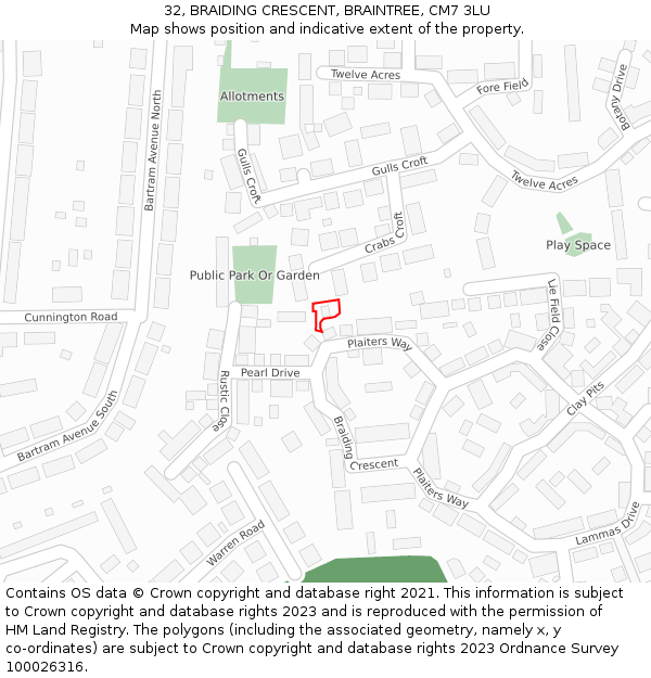 32, BRAIDING CRESCENT, BRAINTREE, CM7 3LU: Location map and indicative extent of plot