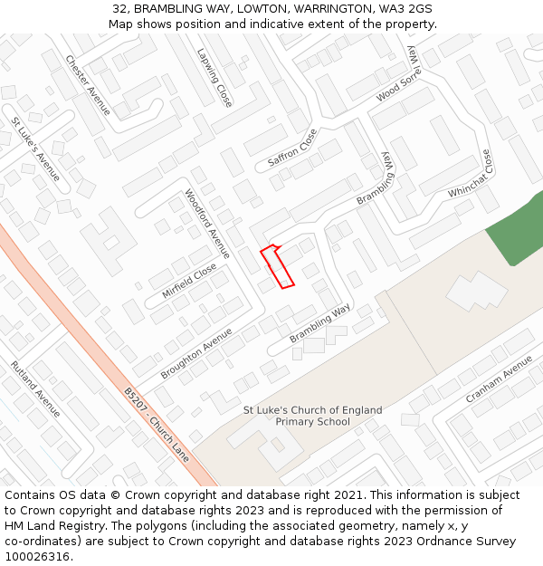 32, BRAMBLING WAY, LOWTON, WARRINGTON, WA3 2GS: Location map and indicative extent of plot