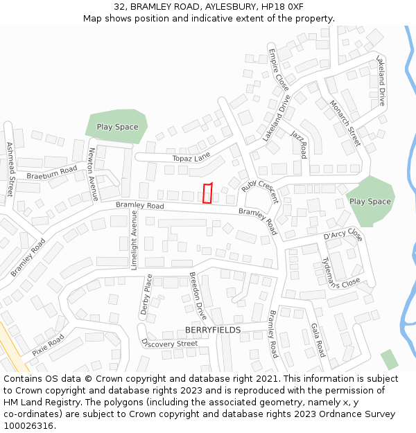 32, BRAMLEY ROAD, AYLESBURY, HP18 0XF: Location map and indicative extent of plot