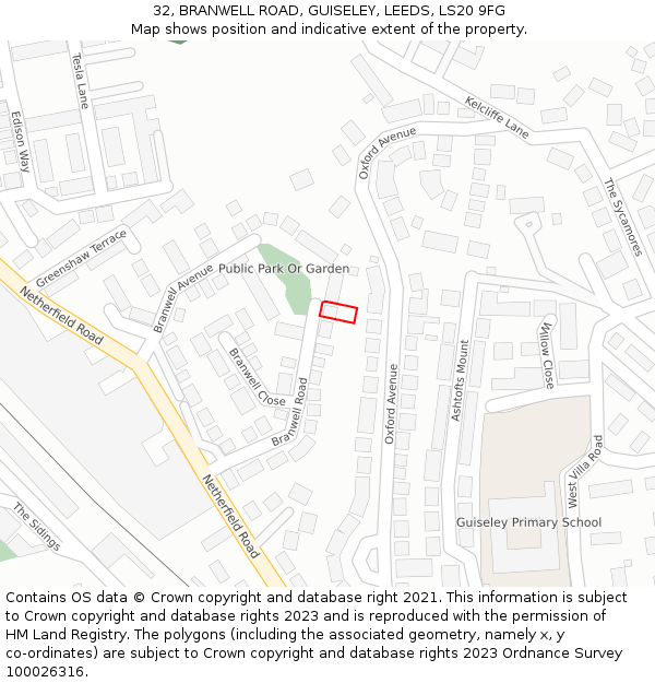 32, BRANWELL ROAD, GUISELEY, LEEDS, LS20 9FG: Location map and indicative extent of plot