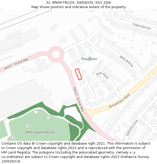 32, BRIAR FIELDS, SWINDON, SN1 2QW: Location map and indicative extent of plot