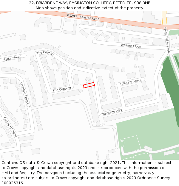 32, BRIARDENE WAY, EASINGTON COLLIERY, PETERLEE, SR8 3NR: Location map and indicative extent of plot