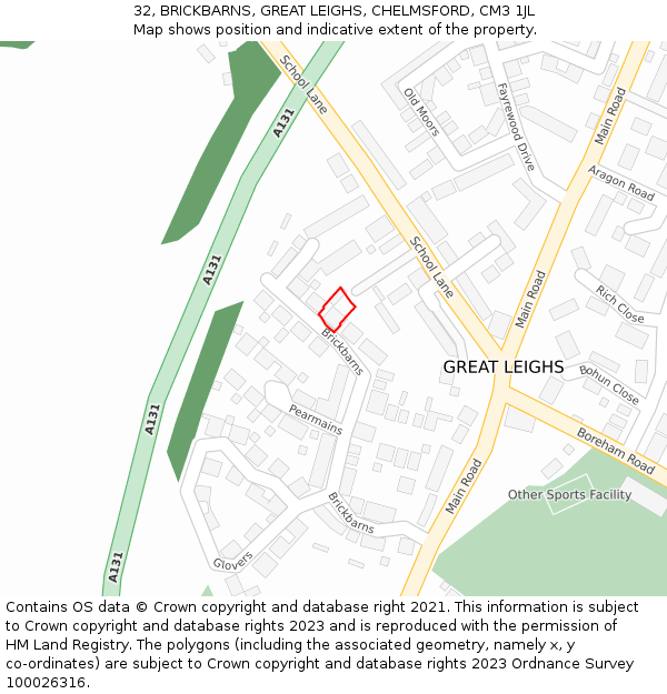 32, BRICKBARNS, GREAT LEIGHS, CHELMSFORD, CM3 1JL: Location map and indicative extent of plot