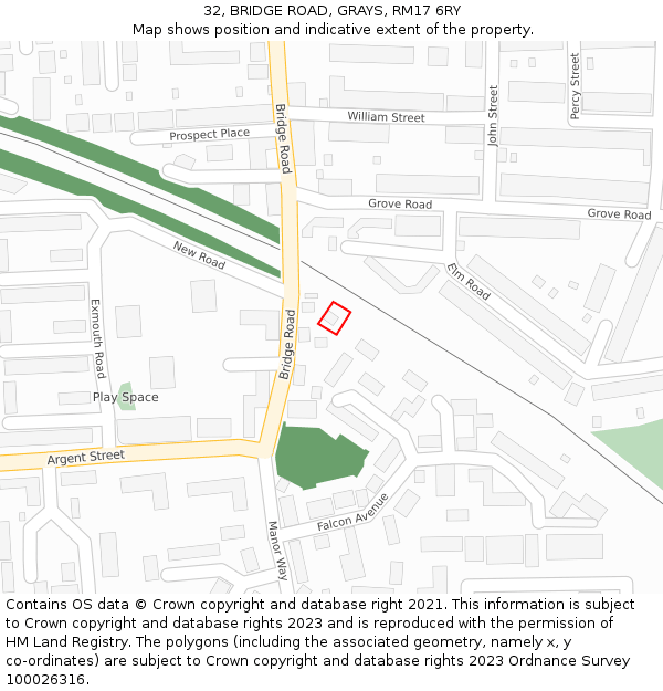 32, BRIDGE ROAD, GRAYS, RM17 6RY: Location map and indicative extent of plot