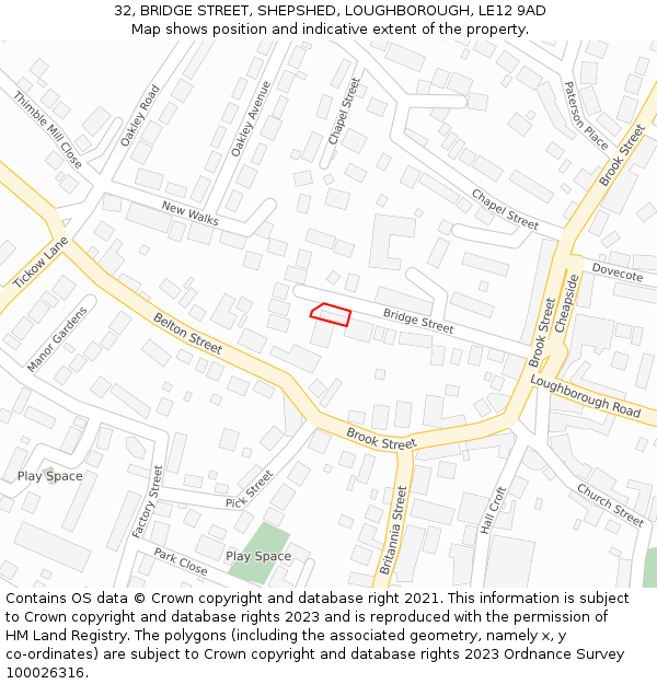 32, BRIDGE STREET, SHEPSHED, LOUGHBOROUGH, LE12 9AD: Location map and indicative extent of plot