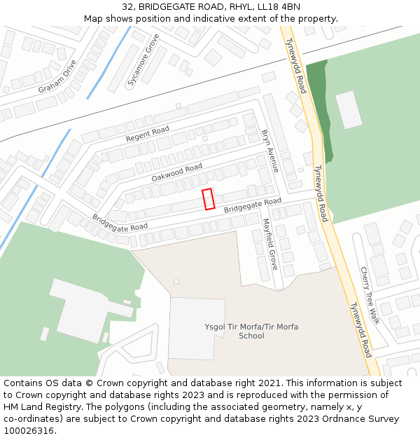 32, BRIDGEGATE ROAD, RHYL, LL18 4BN: Location map and indicative extent of plot