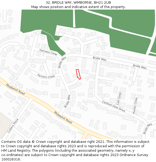 32, BRIDLE WAY, WIMBORNE, BH21 2UB: Location map and indicative extent of plot