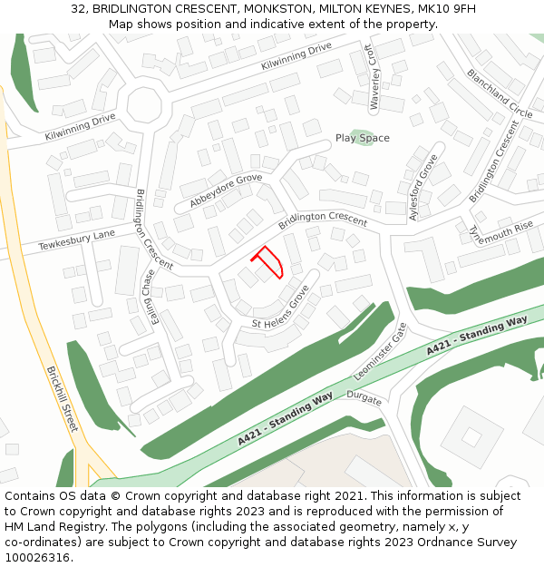 32, BRIDLINGTON CRESCENT, MONKSTON, MILTON KEYNES, MK10 9FH: Location map and indicative extent of plot