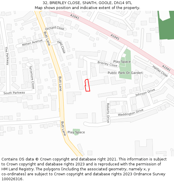 32, BRIERLEY CLOSE, SNAITH, GOOLE, DN14 9TL: Location map and indicative extent of plot