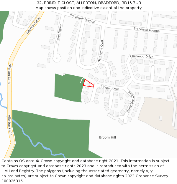 32, BRINDLE CLOSE, ALLERTON, BRADFORD, BD15 7UB: Location map and indicative extent of plot