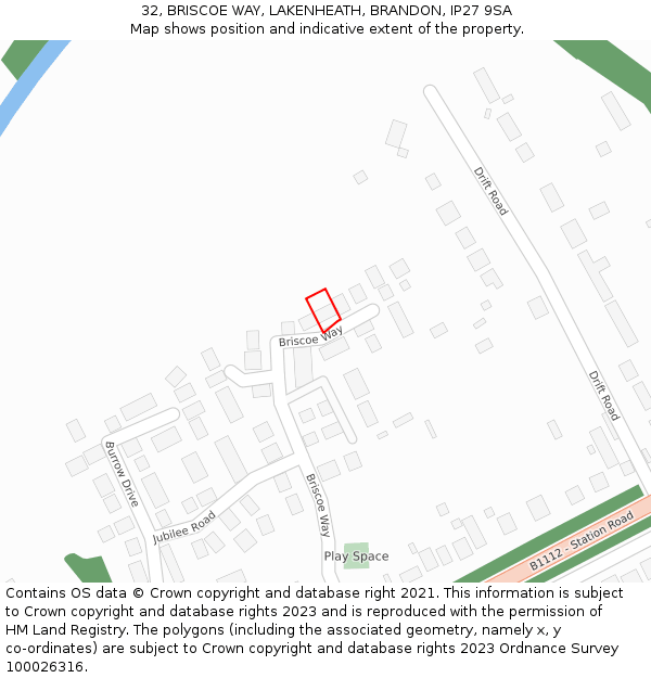 32, BRISCOE WAY, LAKENHEATH, BRANDON, IP27 9SA: Location map and indicative extent of plot