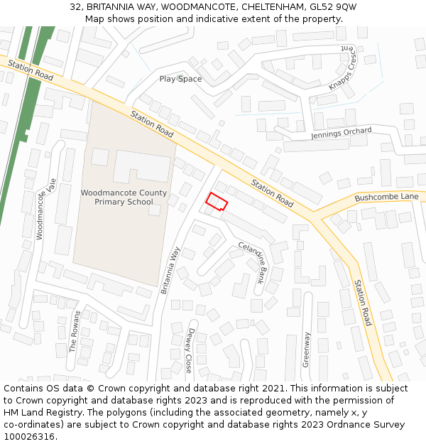 32, BRITANNIA WAY, WOODMANCOTE, CHELTENHAM, GL52 9QW: Location map and indicative extent of plot
