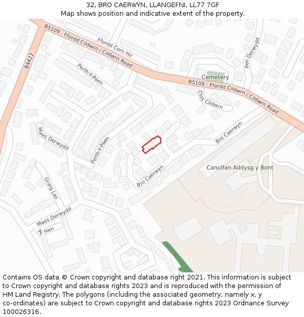 32, BRO CAERWYN, LLANGEFNI, LL77 7GF: Location map and indicative extent of plot