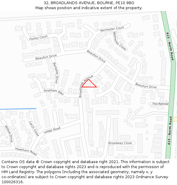 32, BROADLANDS AVENUE, BOURNE, PE10 9BG: Location map and indicative extent of plot