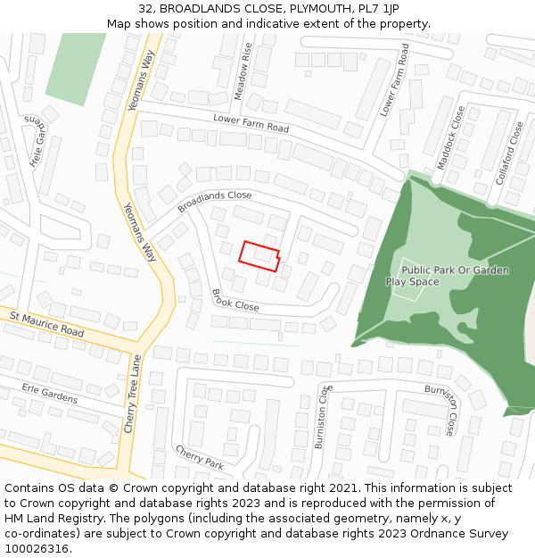 32, BROADLANDS CLOSE, PLYMOUTH, PL7 1JP: Location map and indicative extent of plot