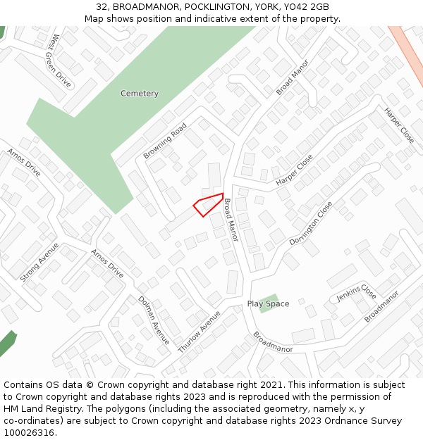 32, BROADMANOR, POCKLINGTON, YORK, YO42 2GB: Location map and indicative extent of plot