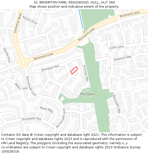 32, BROMPTON PARK, KINGSWOOD, HULL, HU7 3AX: Location map and indicative extent of plot