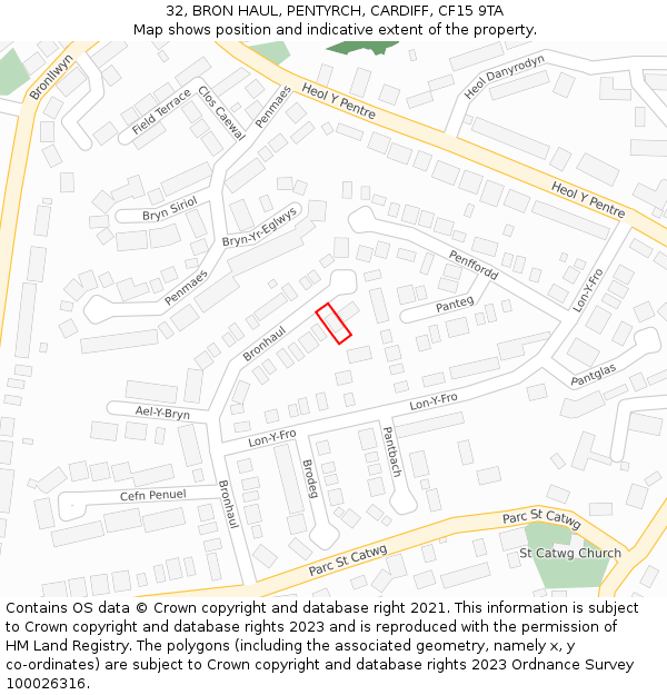 32, BRON HAUL, PENTYRCH, CARDIFF, CF15 9TA: Location map and indicative extent of plot