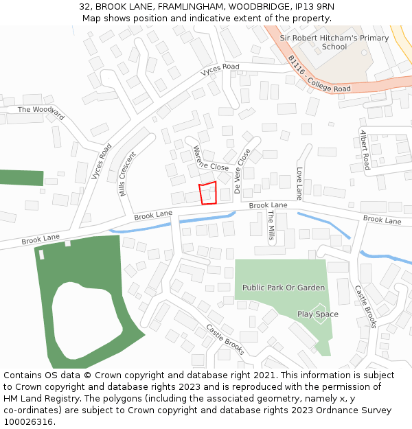 32, BROOK LANE, FRAMLINGHAM, WOODBRIDGE, IP13 9RN: Location map and indicative extent of plot