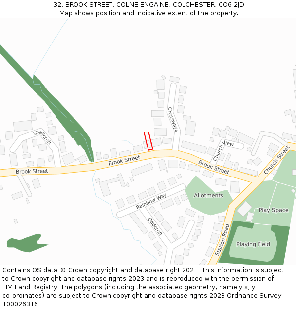 32, BROOK STREET, COLNE ENGAINE, COLCHESTER, CO6 2JD: Location map and indicative extent of plot