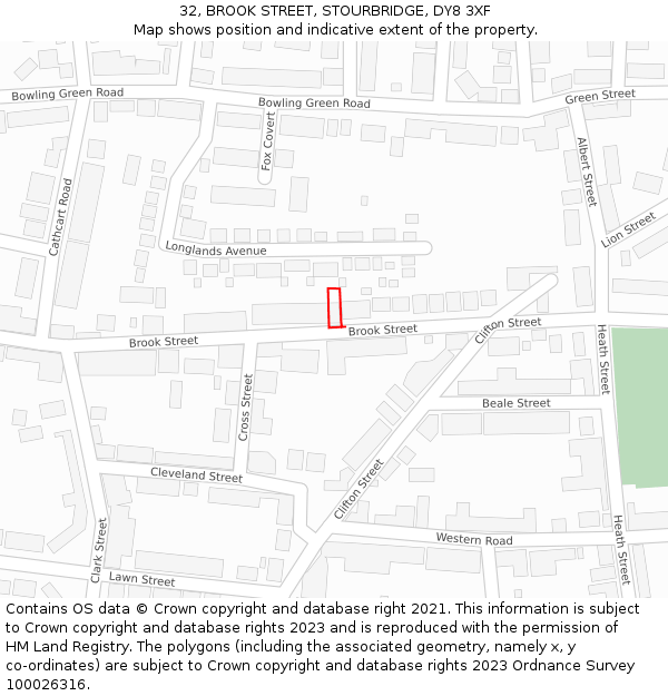 32, BROOK STREET, STOURBRIDGE, DY8 3XF: Location map and indicative extent of plot