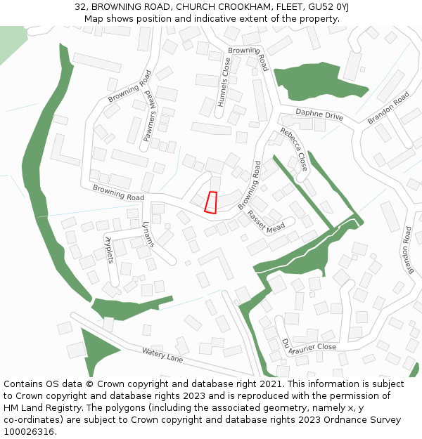 32, BROWNING ROAD, CHURCH CROOKHAM, FLEET, GU52 0YJ: Location map and indicative extent of plot