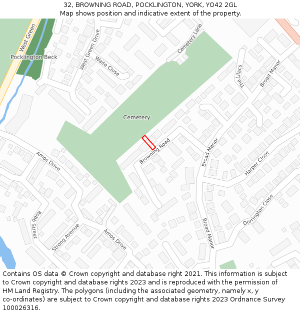 32, BROWNING ROAD, POCKLINGTON, YORK, YO42 2GL: Location map and indicative extent of plot