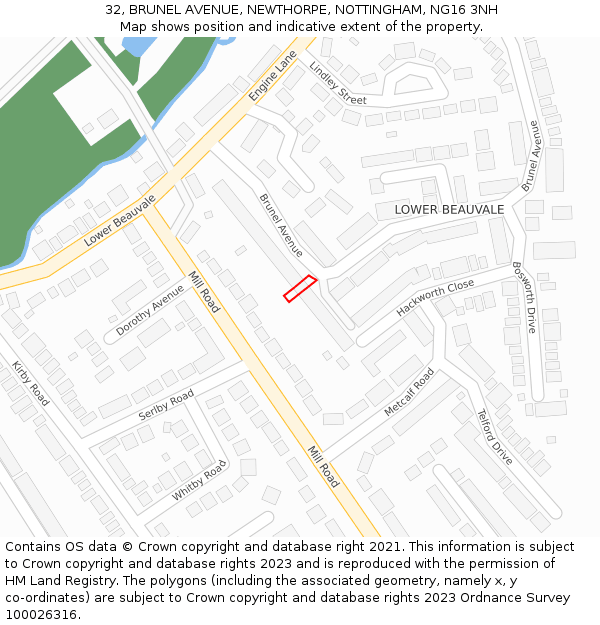 32, BRUNEL AVENUE, NEWTHORPE, NOTTINGHAM, NG16 3NH: Location map and indicative extent of plot