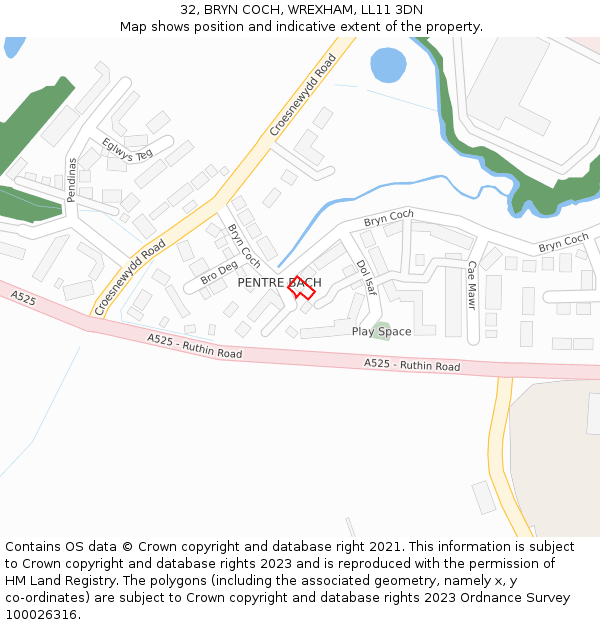 32, BRYN COCH, WREXHAM, LL11 3DN: Location map and indicative extent of plot