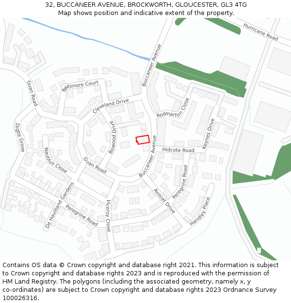 32, BUCCANEER AVENUE, BROCKWORTH, GLOUCESTER, GL3 4TG: Location map and indicative extent of plot