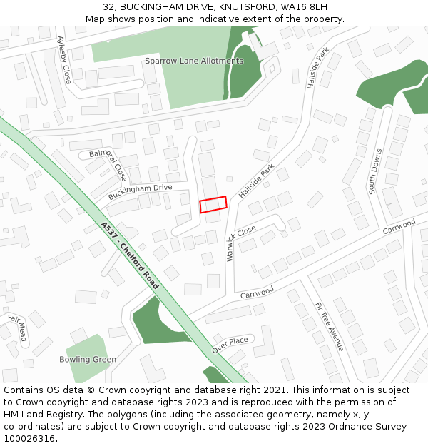 32, BUCKINGHAM DRIVE, KNUTSFORD, WA16 8LH: Location map and indicative extent of plot