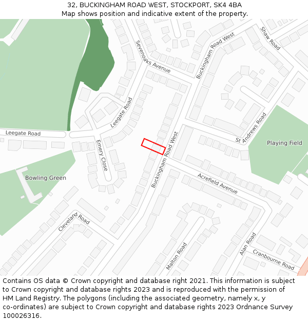 32, BUCKINGHAM ROAD WEST, STOCKPORT, SK4 4BA: Location map and indicative extent of plot