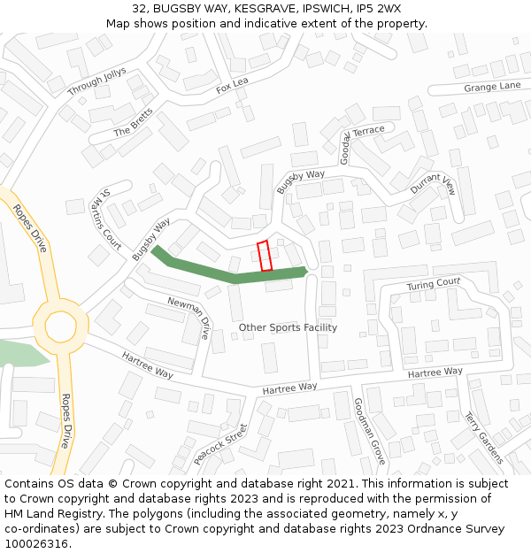 32, BUGSBY WAY, KESGRAVE, IPSWICH, IP5 2WX: Location map and indicative extent of plot