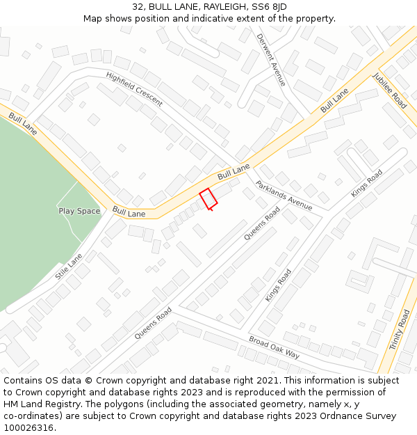 32, BULL LANE, RAYLEIGH, SS6 8JD: Location map and indicative extent of plot