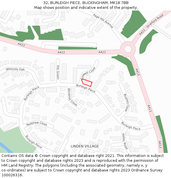 32, BURLEIGH PIECE, BUCKINGHAM, MK18 7BB: Location map and indicative extent of plot