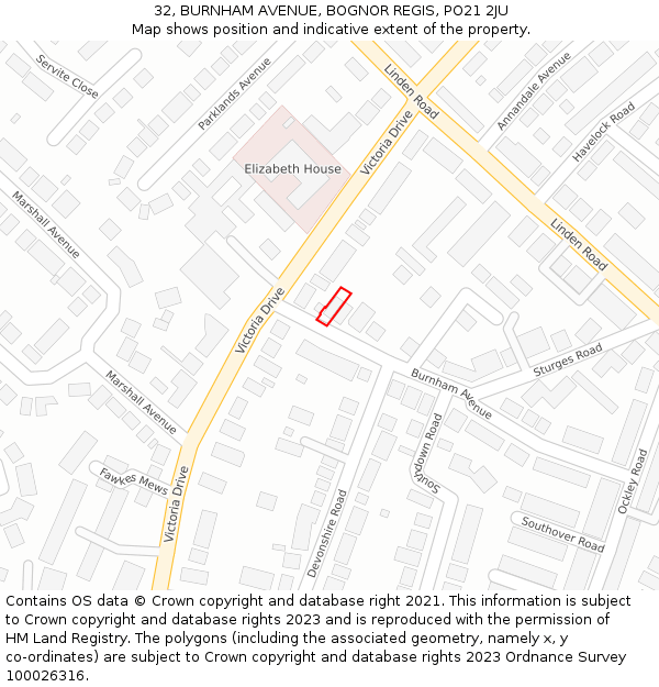 32, BURNHAM AVENUE, BOGNOR REGIS, PO21 2JU: Location map and indicative extent of plot