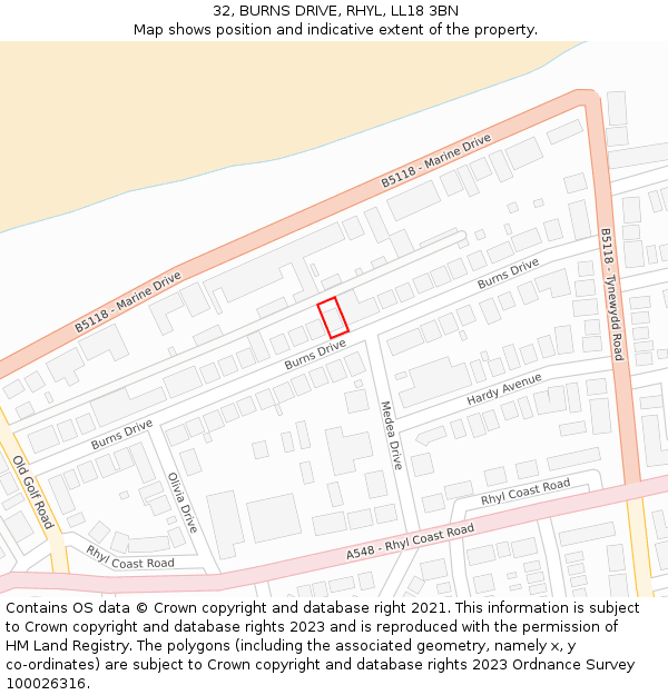 32, BURNS DRIVE, RHYL, LL18 3BN: Location map and indicative extent of plot