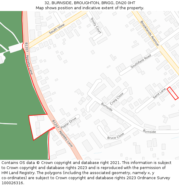 32, BURNSIDE, BROUGHTON, BRIGG, DN20 0HT: Location map and indicative extent of plot