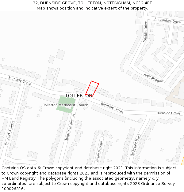 32, BURNSIDE GROVE, TOLLERTON, NOTTINGHAM, NG12 4ET: Location map and indicative extent of plot