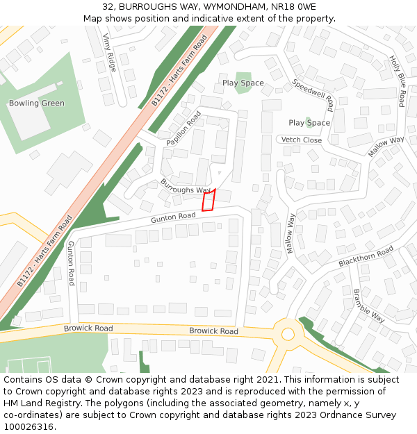 32, BURROUGHS WAY, WYMONDHAM, NR18 0WE: Location map and indicative extent of plot