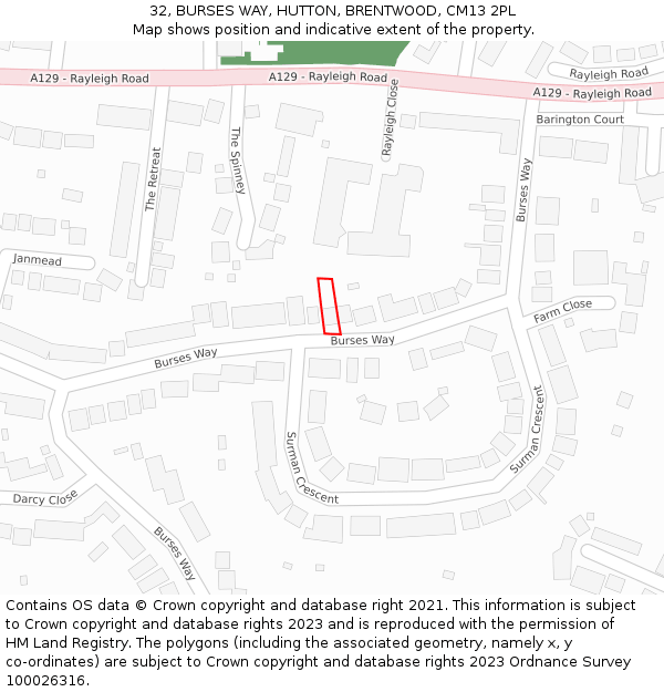 32, BURSES WAY, HUTTON, BRENTWOOD, CM13 2PL: Location map and indicative extent of plot