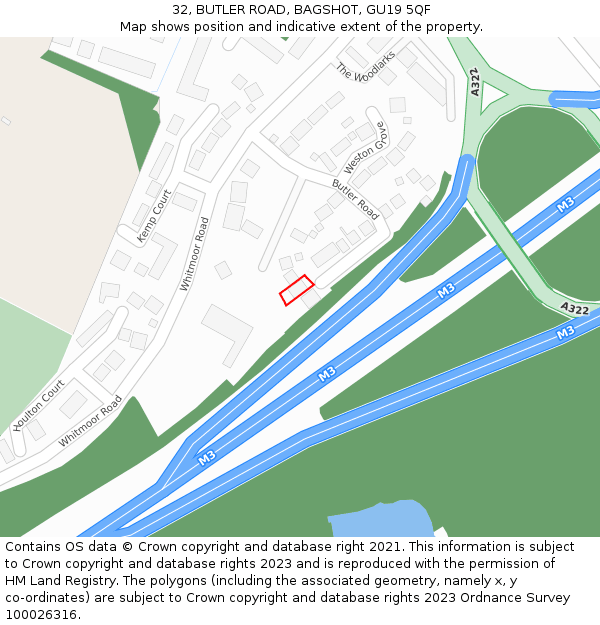 32, BUTLER ROAD, BAGSHOT, GU19 5QF: Location map and indicative extent of plot