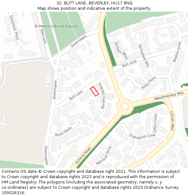 32, BUTT LANE, BEVERLEY, HU17 8NQ: Location map and indicative extent of plot