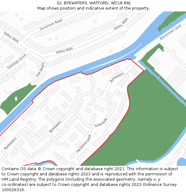 32, BYEWATERS, WATFORD, WD18 8WJ: Location map and indicative extent of plot