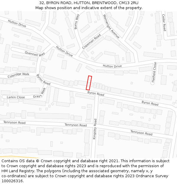 32, BYRON ROAD, HUTTON, BRENTWOOD, CM13 2RU: Location map and indicative extent of plot