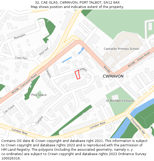 32, CAE GLAS, CWMAVON, PORT TALBOT, SA12 9AX: Location map and indicative extent of plot