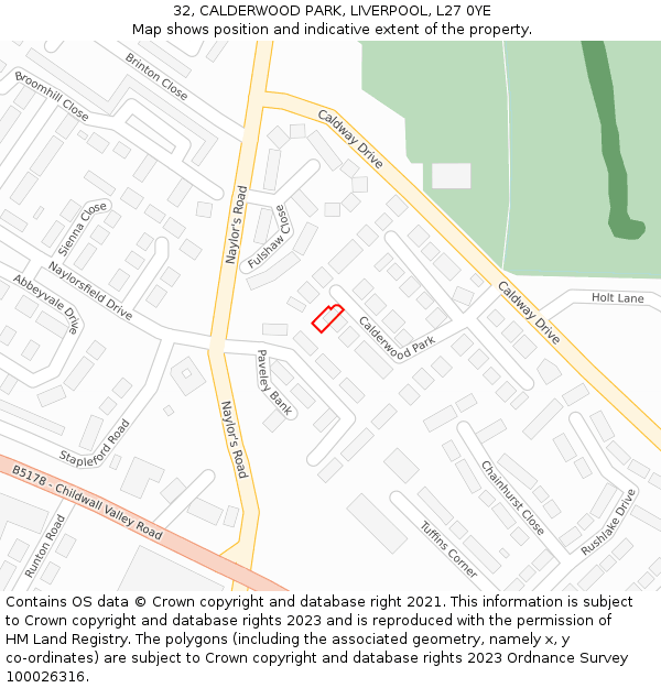 32, CALDERWOOD PARK, LIVERPOOL, L27 0YE: Location map and indicative extent of plot