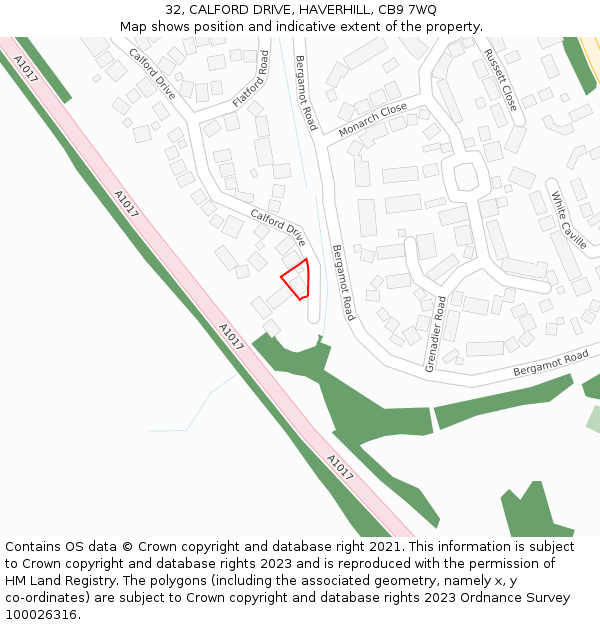 32, CALFORD DRIVE, HAVERHILL, CB9 7WQ: Location map and indicative extent of plot