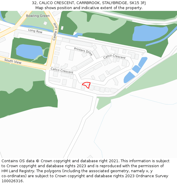 32, CALICO CRESCENT, CARRBROOK, STALYBRIDGE, SK15 3FJ: Location map and indicative extent of plot